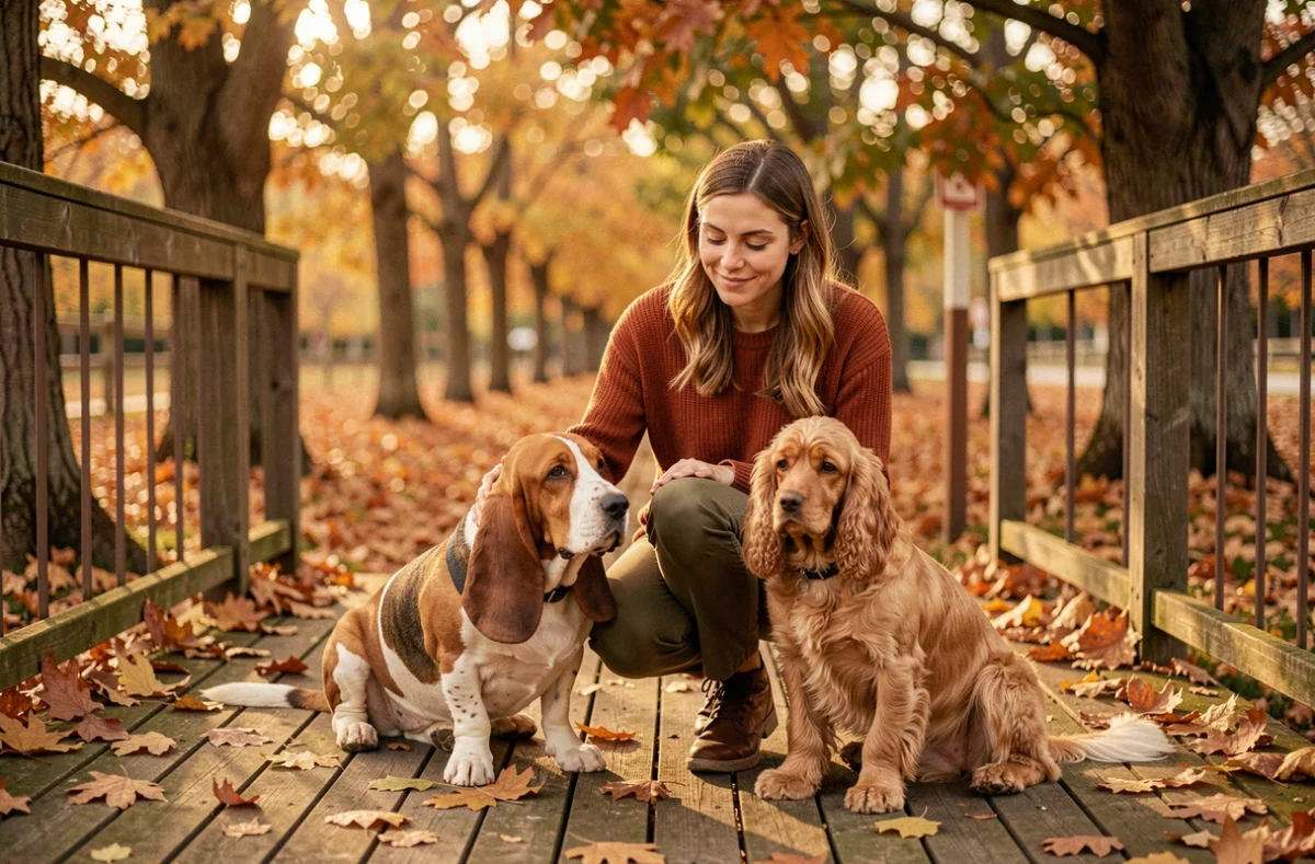 Les Truffes Humides pension canine avec une soignante câlinant un basset hound et un cocker spaniel sur une terrasse en bois entourée d'arbres en automne
