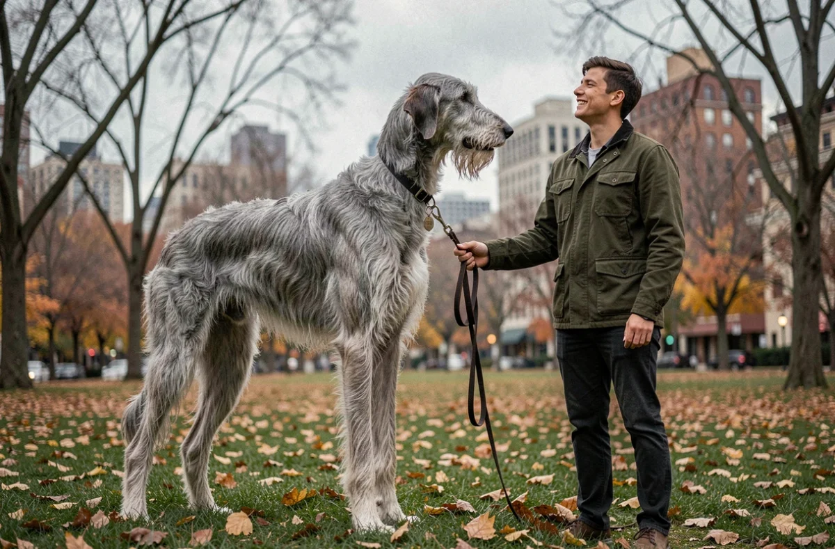 Un lévrier irlandais de grande taille en promenade dans un parc urbain avec son maître, illustrant la vie d'un grand chien en milieu citadin