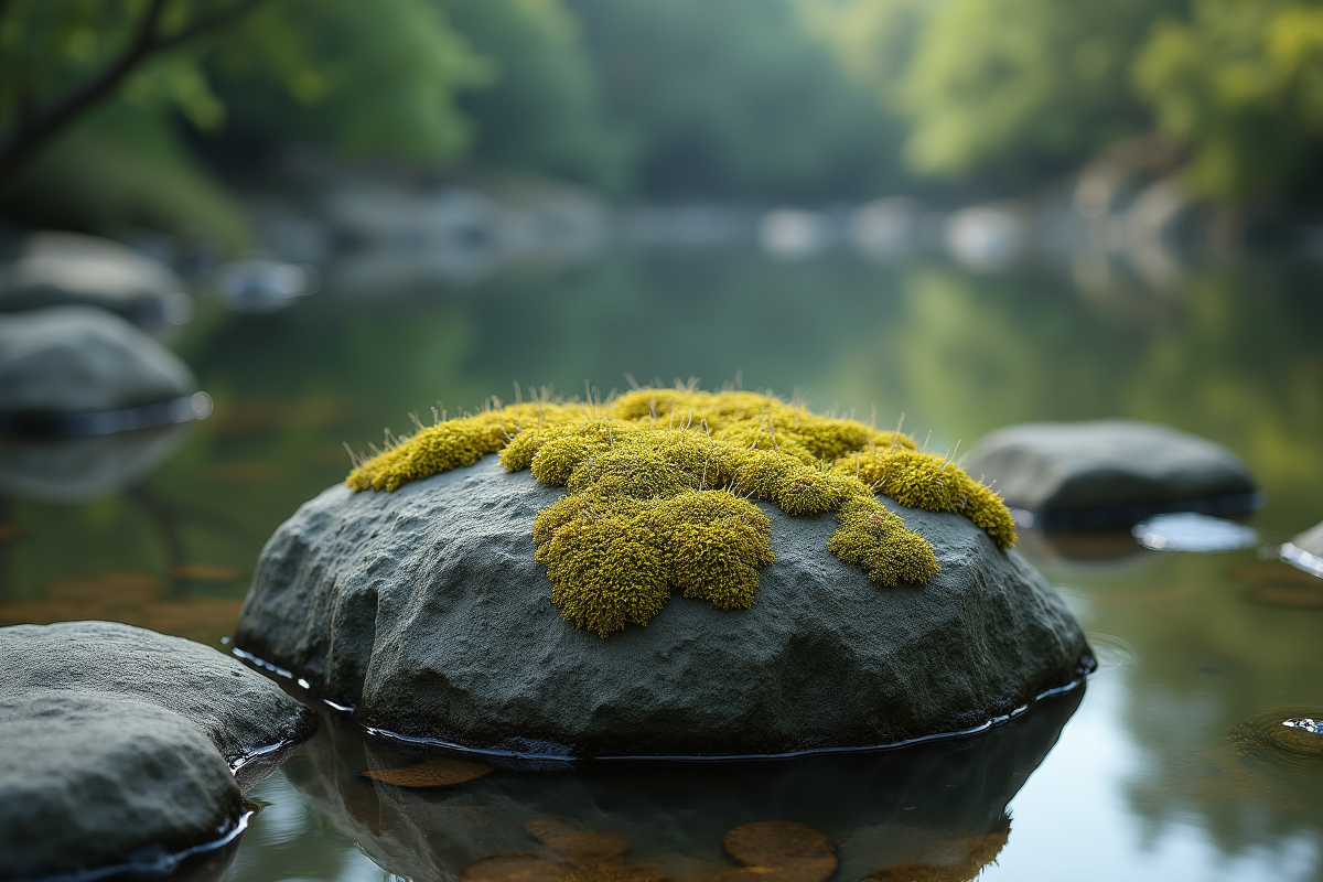 Lichen sur roche dans un étang naturel en forêt