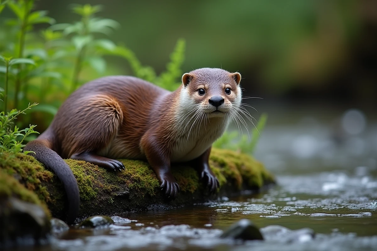 Loutre d'Europe au bord d'une rivière forestière, mammifère en U pour enrichir un quiz nature