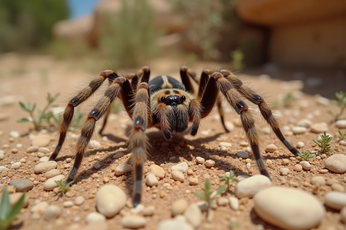 Araignée Lycosa tarantula photographiée au ras du sol sur terrain aride de garrigue dans le sud de la France