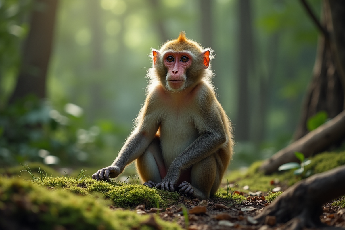 Macaque assis sur le sol mousseux en forêt tropicale
