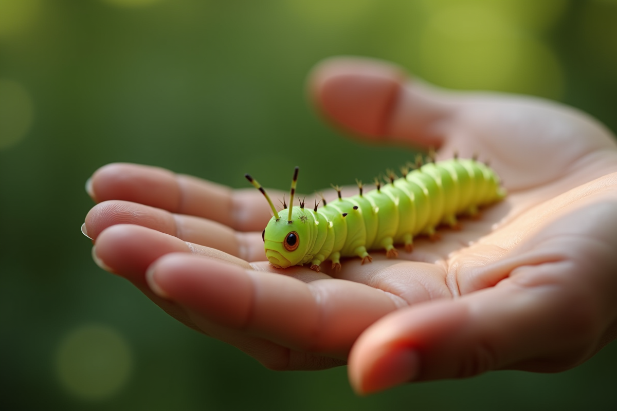 Main tenant une chenille verte en extérieur en journée