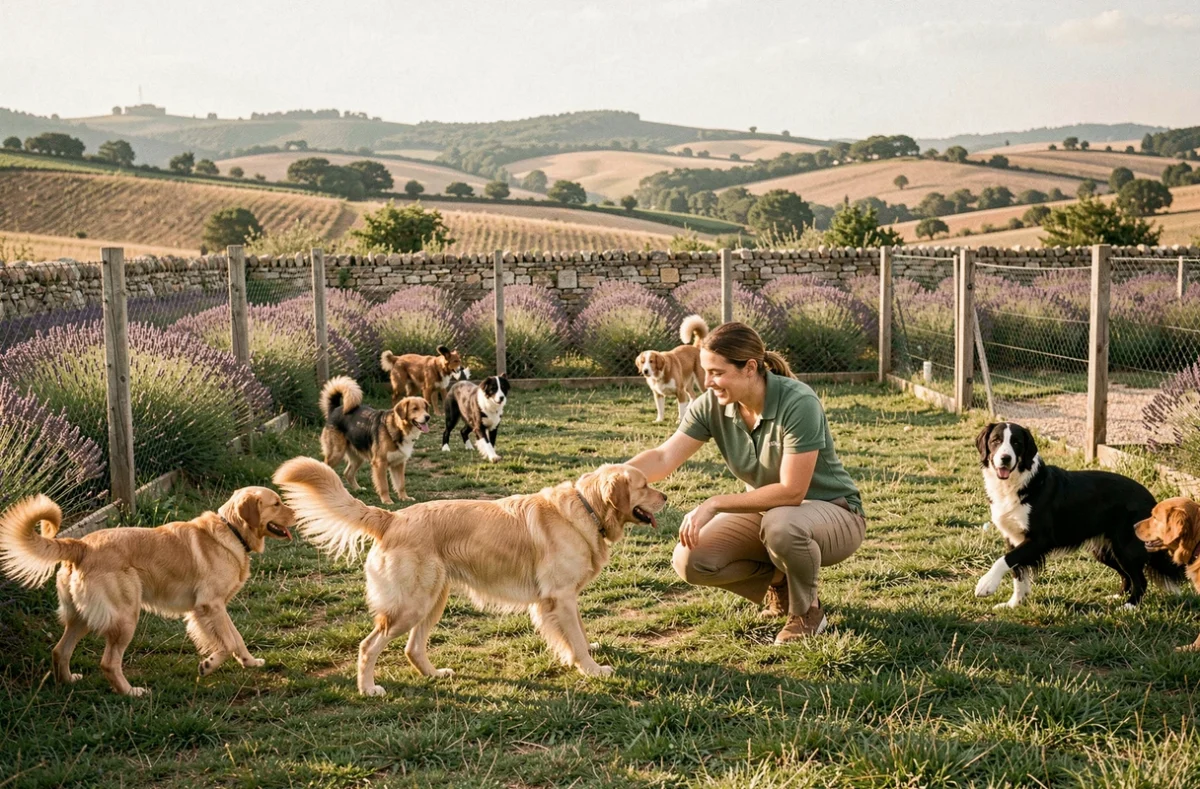 Vue d'ensemble d'une pension canine en Occitanie avec des chiens jouant dans un grand enclos verdoyant sous le ciel du sud de la France