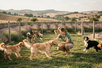 Vue d'ensemble d'une pension canine en Occitanie avec des chiens jouant dans un grand enclos verdoyant sous le ciel du sud de la France