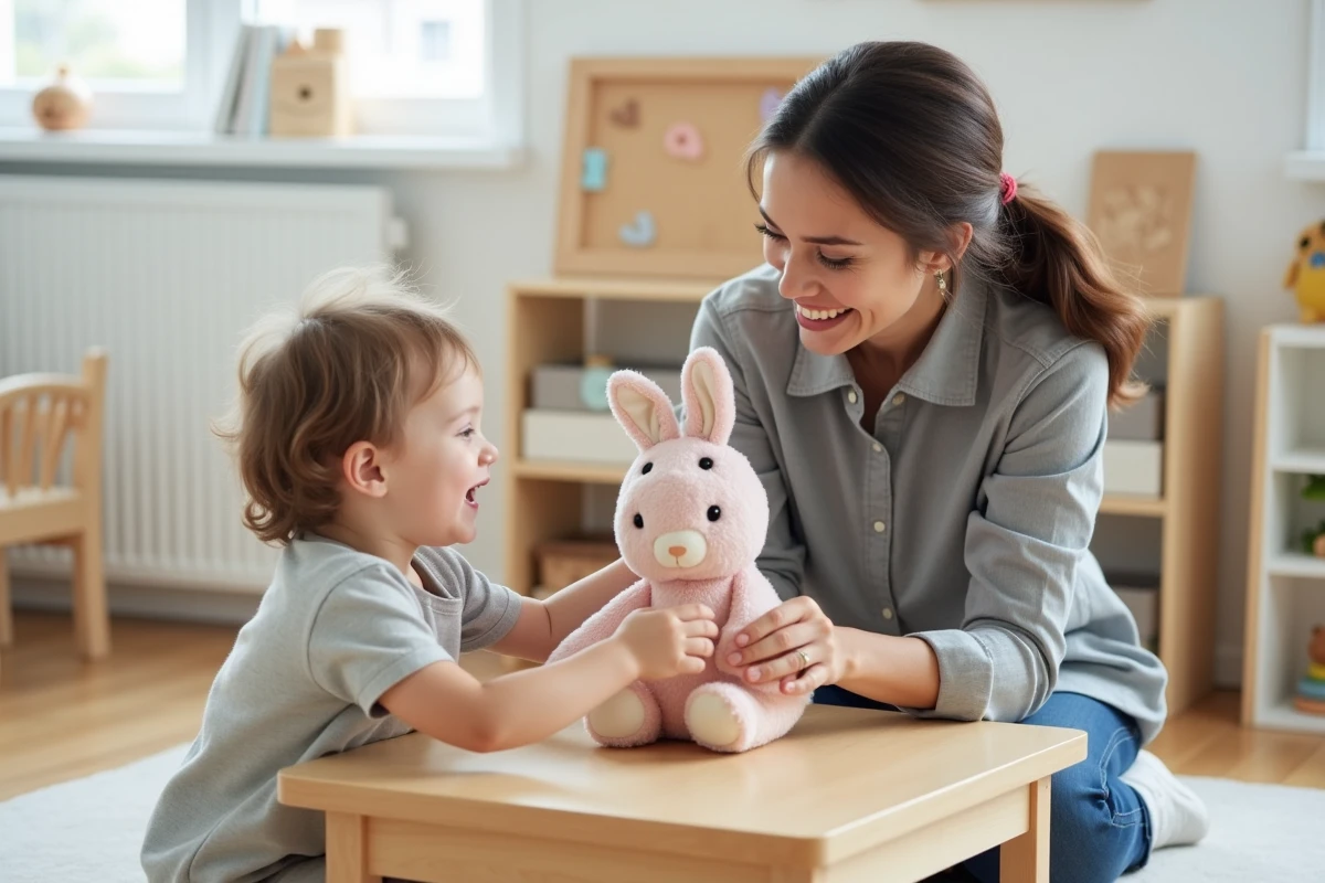 Mère et enfant interagissant ensemble avec un jouet-lapin en peluche dans une salle de jeux style scandinave