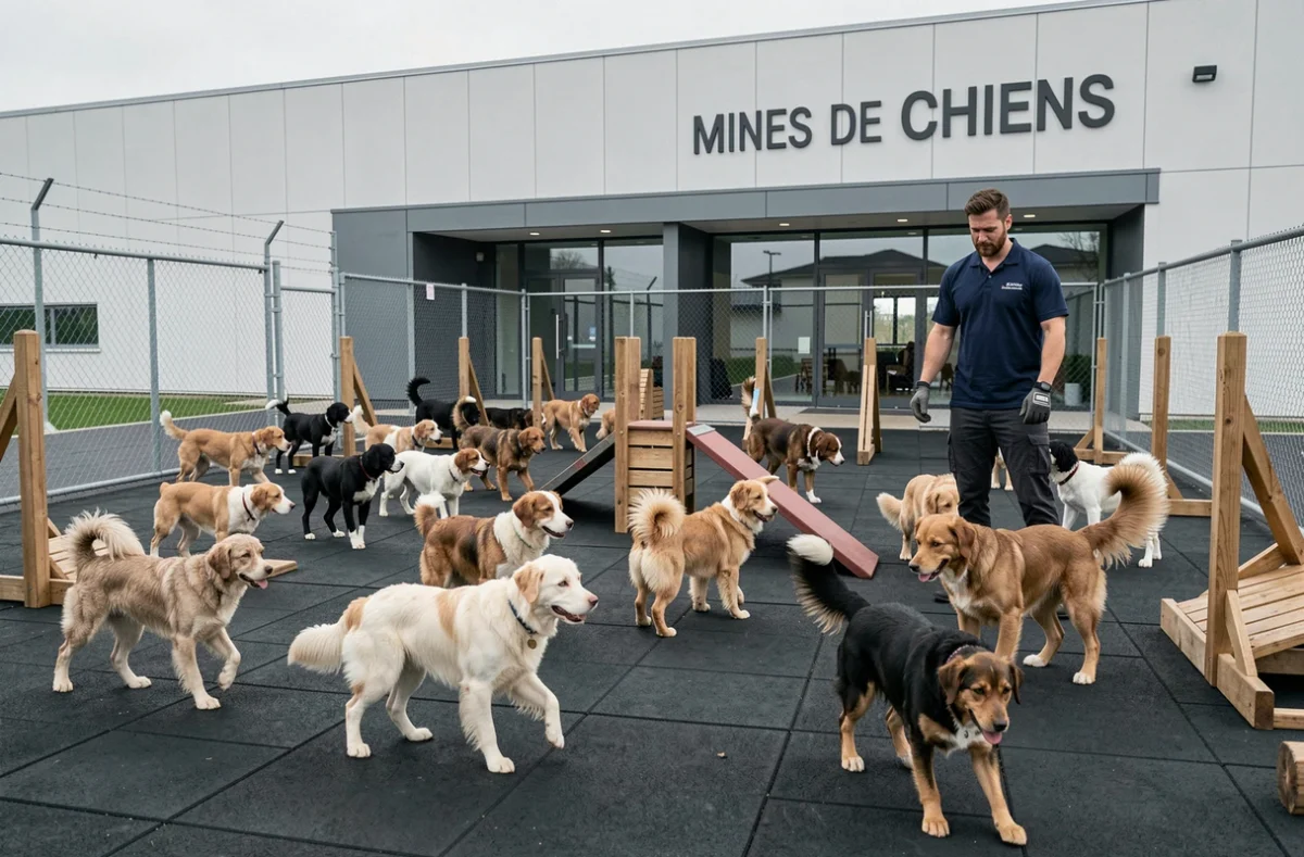 Mines De Chiens pension canine avec un éducateur canin supervisant un groupe de chiens sur un parcours d'agilité extérieur devant un bâtiment moderne