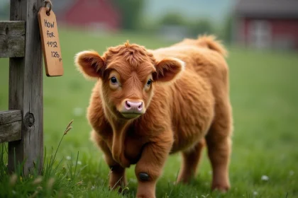 Mini vache de race Dexter dans un pré verdoyant avec une étiquette de prix accrochée à un poteau en bois, illustrant le coût d'achat d'une mini vache
