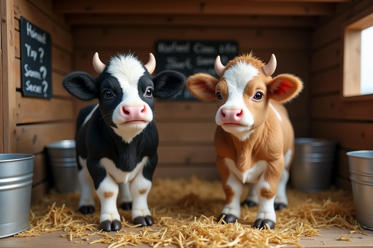 Deux mini vaches dans un enclos de grange avec un tableau de prix en craie au mur, illustrant comment évaluer si le prix d'une mini vache est justifié