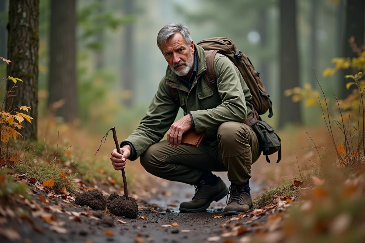 Naturaliste accroupi observant des crottes de sanglier sur un sentier forestier en automne