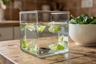 Têtard dans un aquarium en verre avec des morceaux de laitue blanchie flottant dans l'eau, posé sur une table en bois dans une cuisine familiale