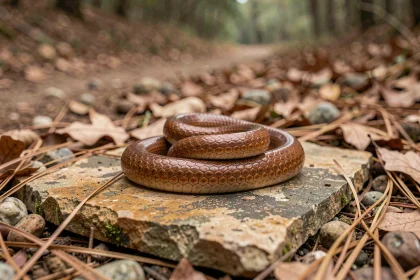 Orvet fragile sur un rocher en forêt lors d'une randonnée, reptile inoffensif visible sur un sentier naturel