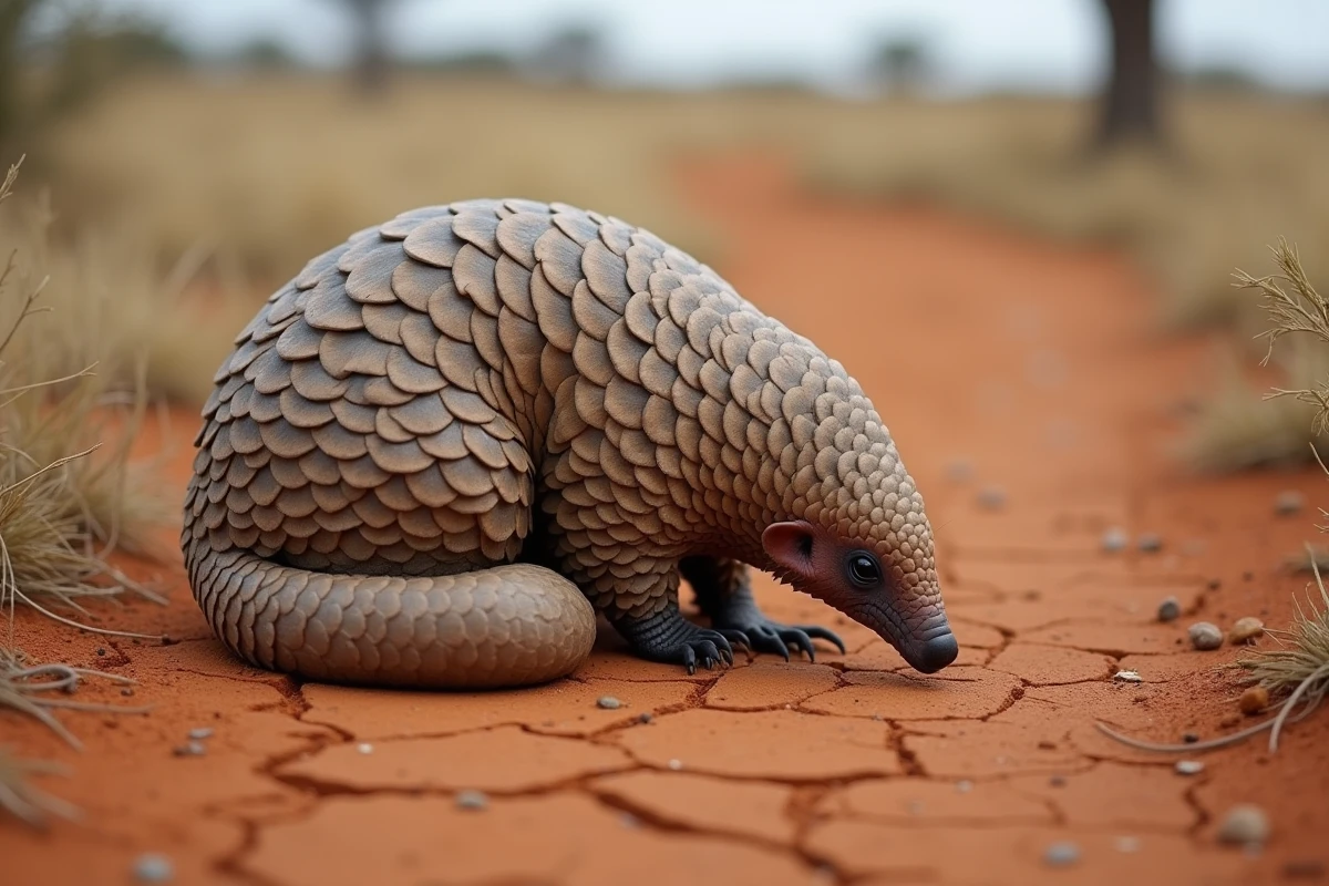 Pangolin roulé en boule sur sol de savane africaine, ses écailles de kératine en gros plan, espèce rare et protégée