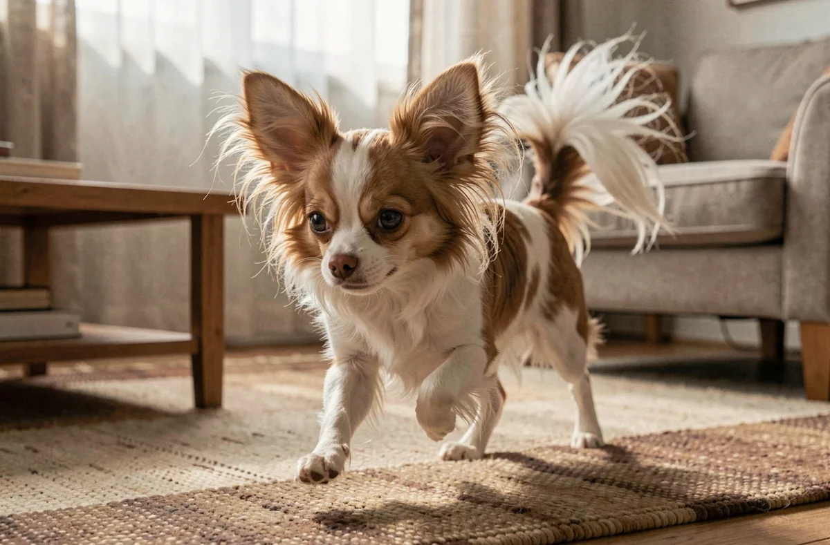 Chien croisé Papillon Chihuahua explorant un salon chaleureux avec ses oreilles papillon déployées