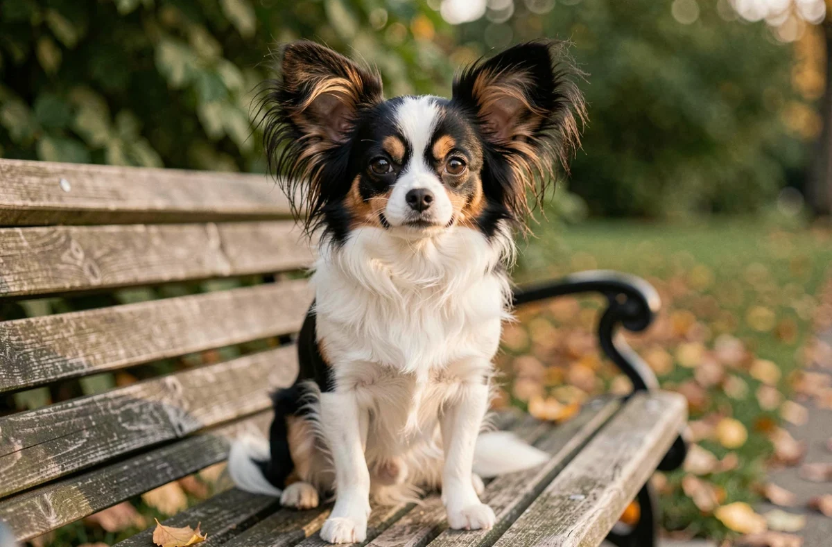 Croisé Papillon Chihuahua assis sur un banc de parc avec ses grandes oreilles frangées caractéristiques