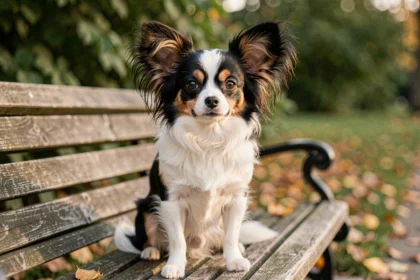 Croisé Papillon Chihuahua assis sur un banc de parc avec ses grandes oreilles frangées caractéristiques