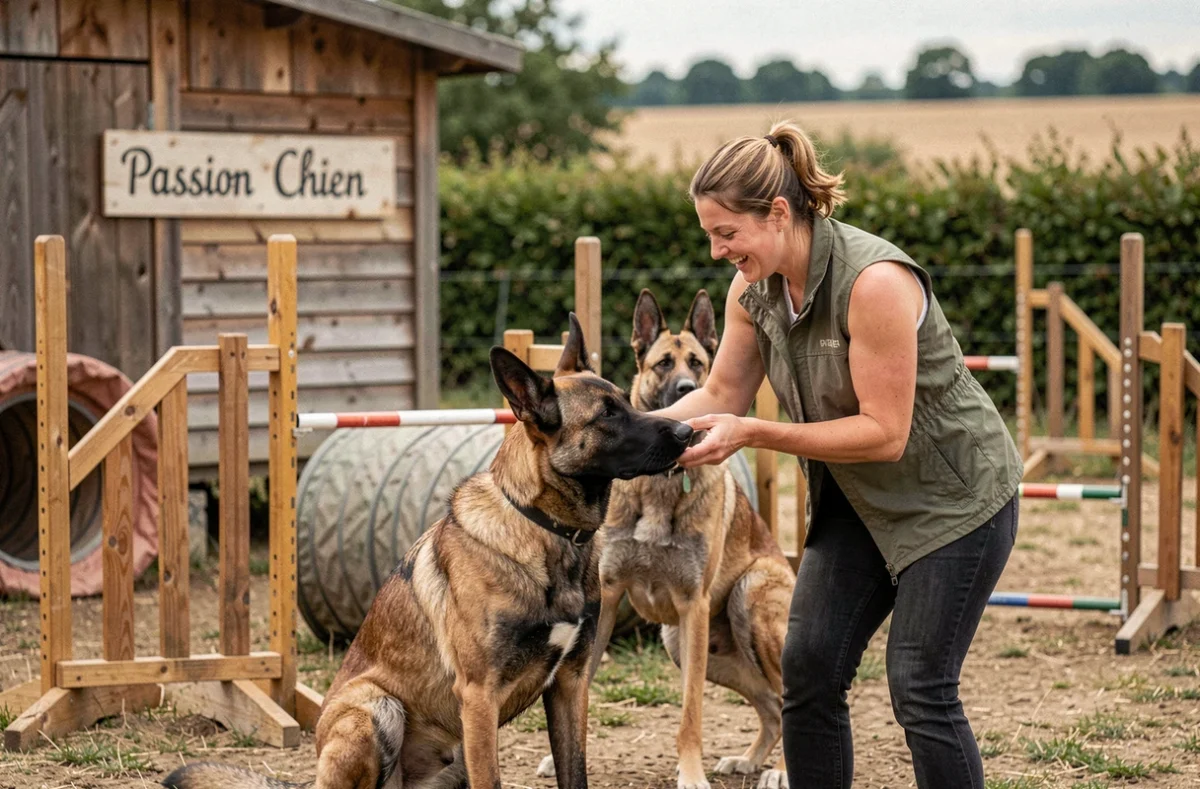Éducatrice canine en séance d'agilité avec un malinois à la pension Passion Chien près de Saint-Aubin-d'Appenai