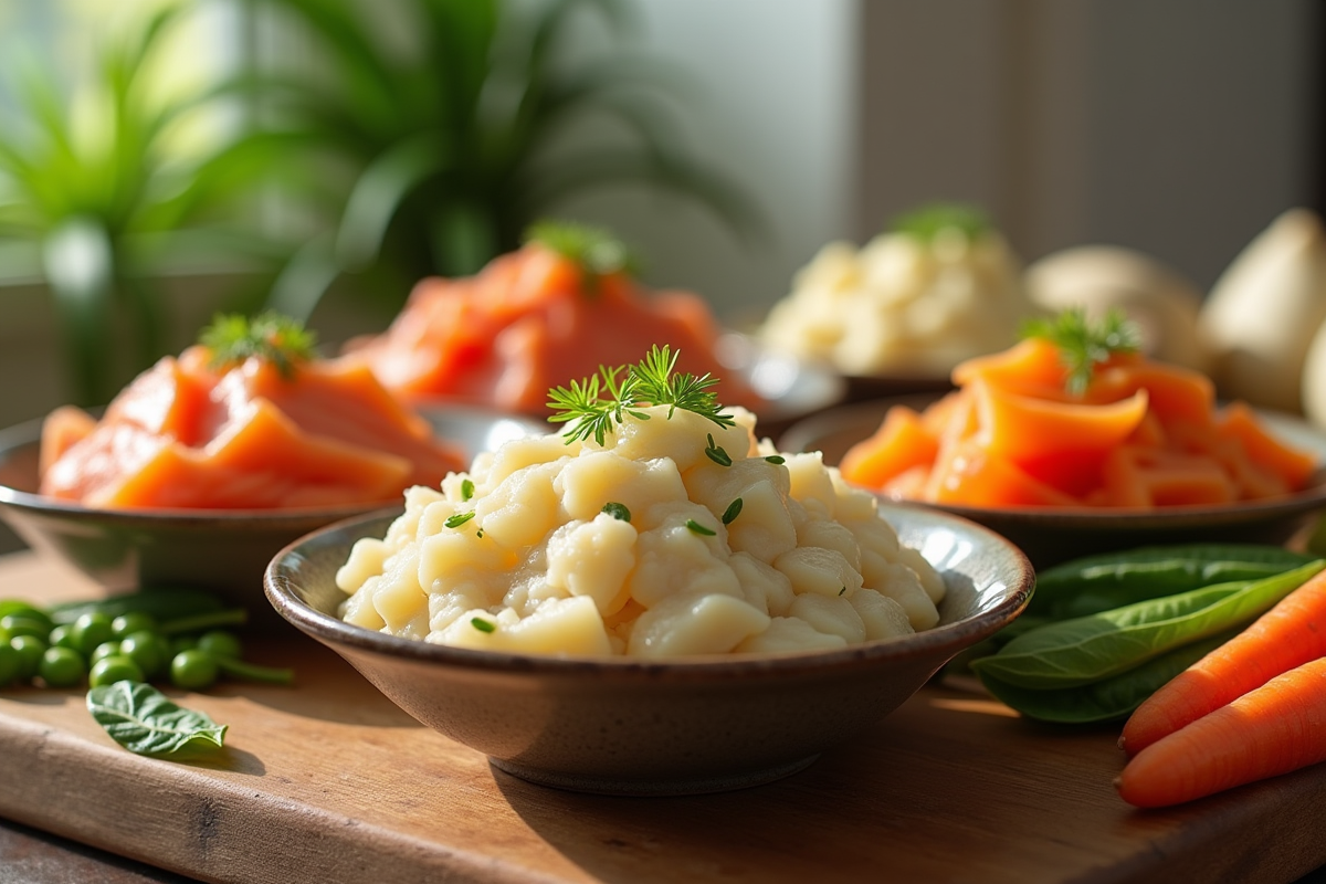 Variété de pâtée pour chat avec saumon et légumes frais