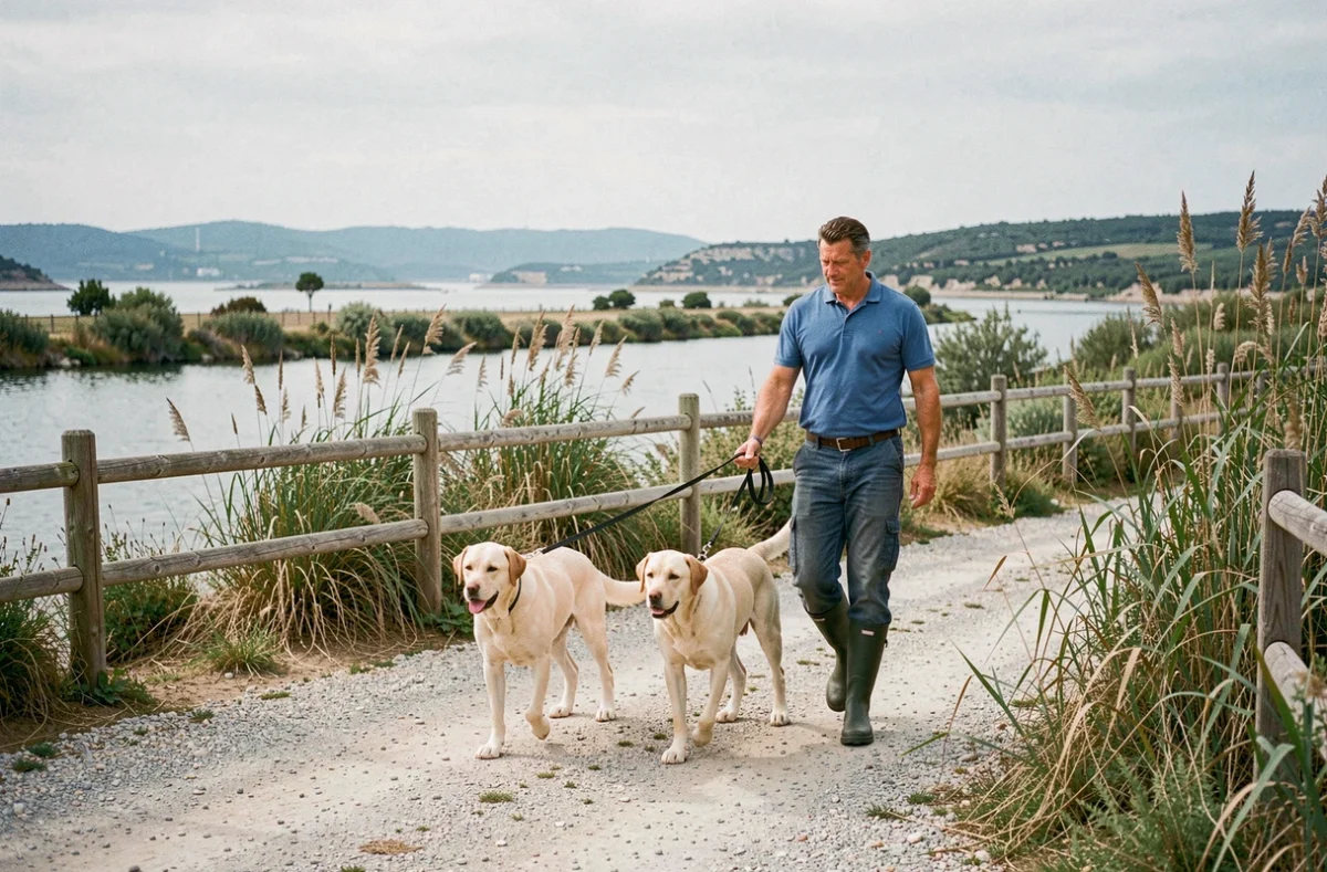 Pension canine du Bassin de Thau avec un soigneur promenant deux labradors le long d'un chemin près de la lagune méditerranéenne