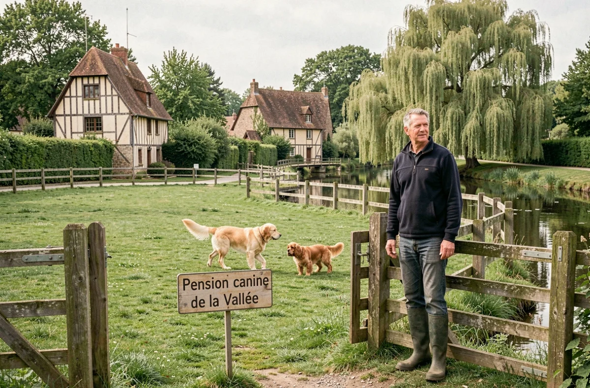Chiens en liberté dans le pré de la Pension canine de la Vallée à Pont-Audemer, dans un cadre de vallée normande