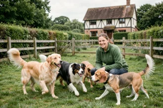 Groupe de chiens jouant dans un enclos normand avec une soignante en milieu rural, image principale pour le top 10 des pensions canines en Normandie
