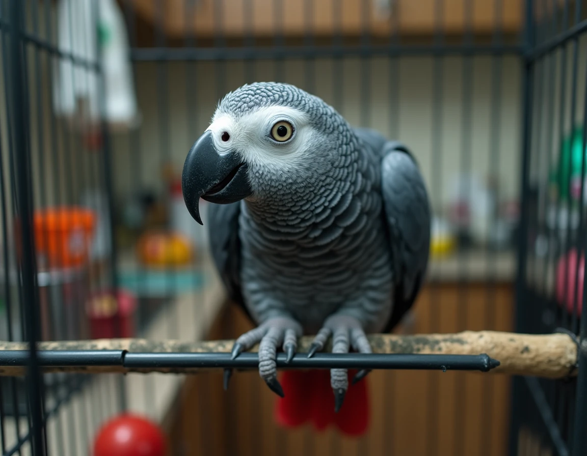Perroquet gris du Gabon dans une cage trop petite et mal équipée, erreur courante des débutants en captivité