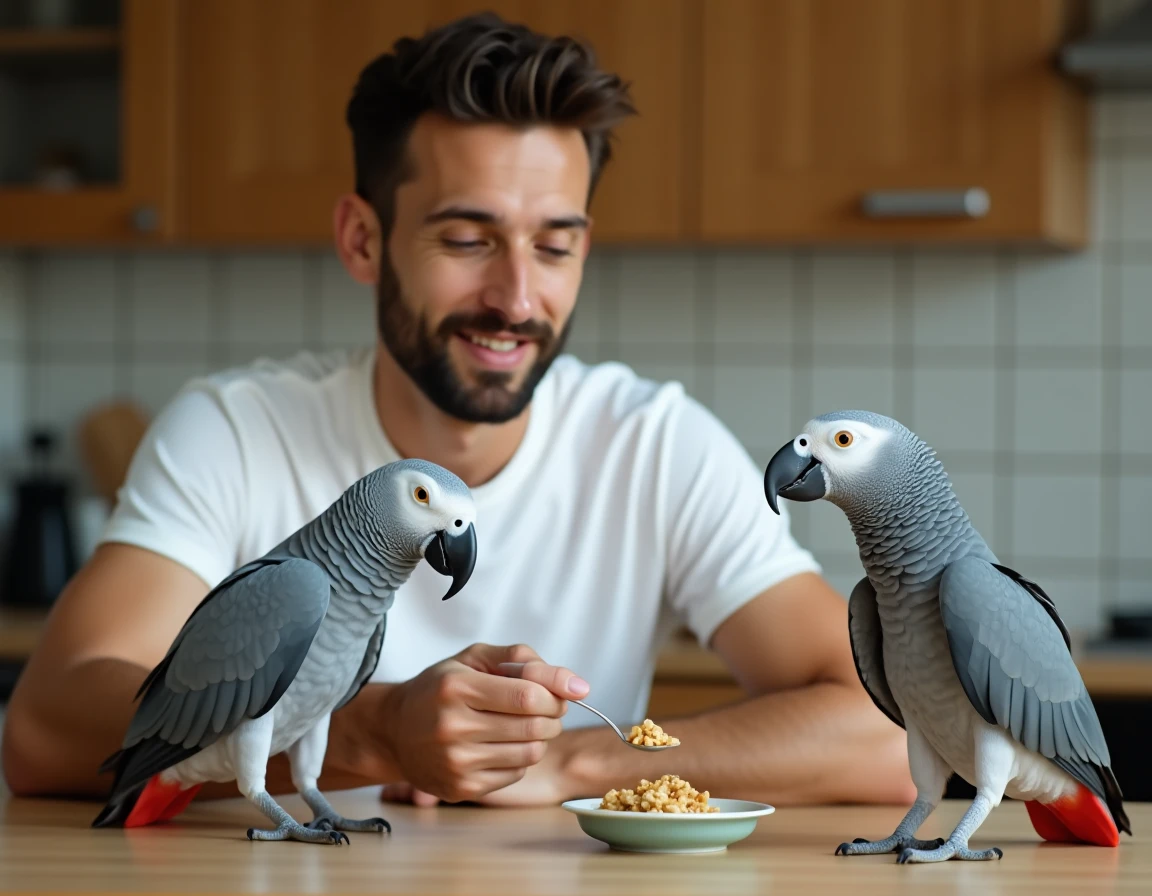 Homme offrant une nourriture inadaptée à son perroquet gris du Gabon dans une cuisine, mauvaise alimentation en captivité