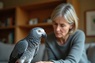 Perroquet gris du Gabon stressé perché sur une branche en bois, observé par sa propriétaire dans un salon domestique