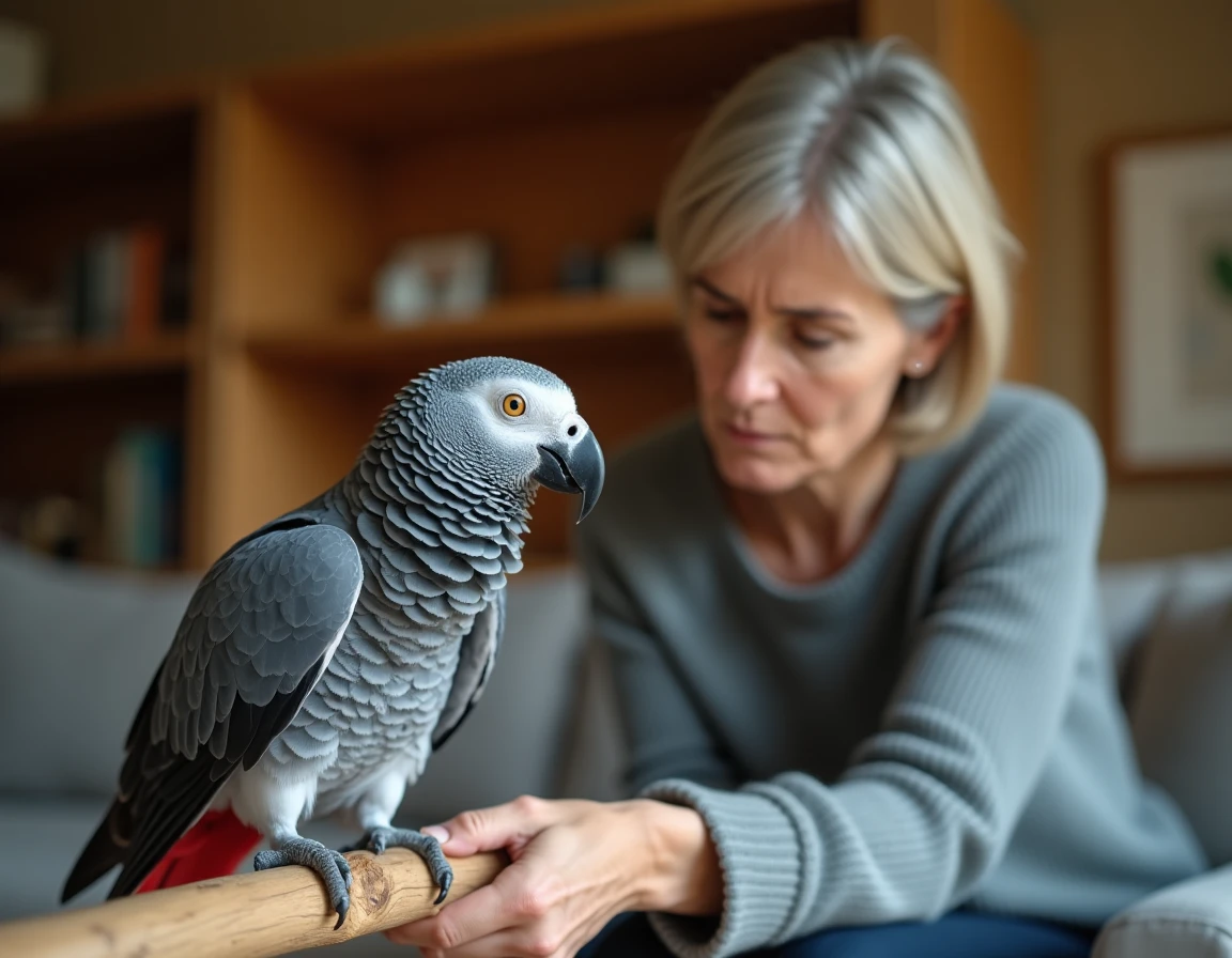 Perroquet gris du Gabon stressé perché sur une branche en bois, observé par sa propriétaire dans un salon domestique