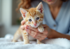 Personne apaisant un petit chaton sur une serviette blanche