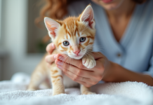Personne apaisant un petit chaton sur une serviette blanche