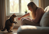 Personne sur un canapé douce avec un chat tabby qui tourne la tête