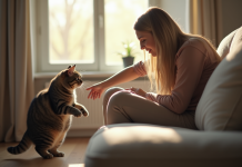 Personne sur un canapé douce avec un chat tabby qui tourne la tête