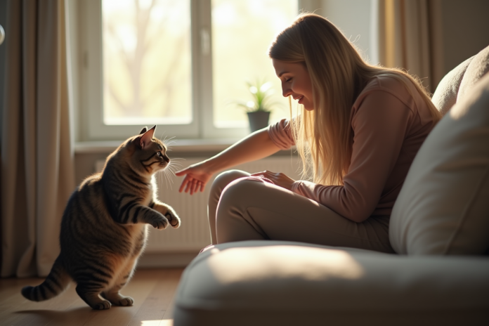 Personne sur un canapé douce avec un chat tabby qui tourne la tête