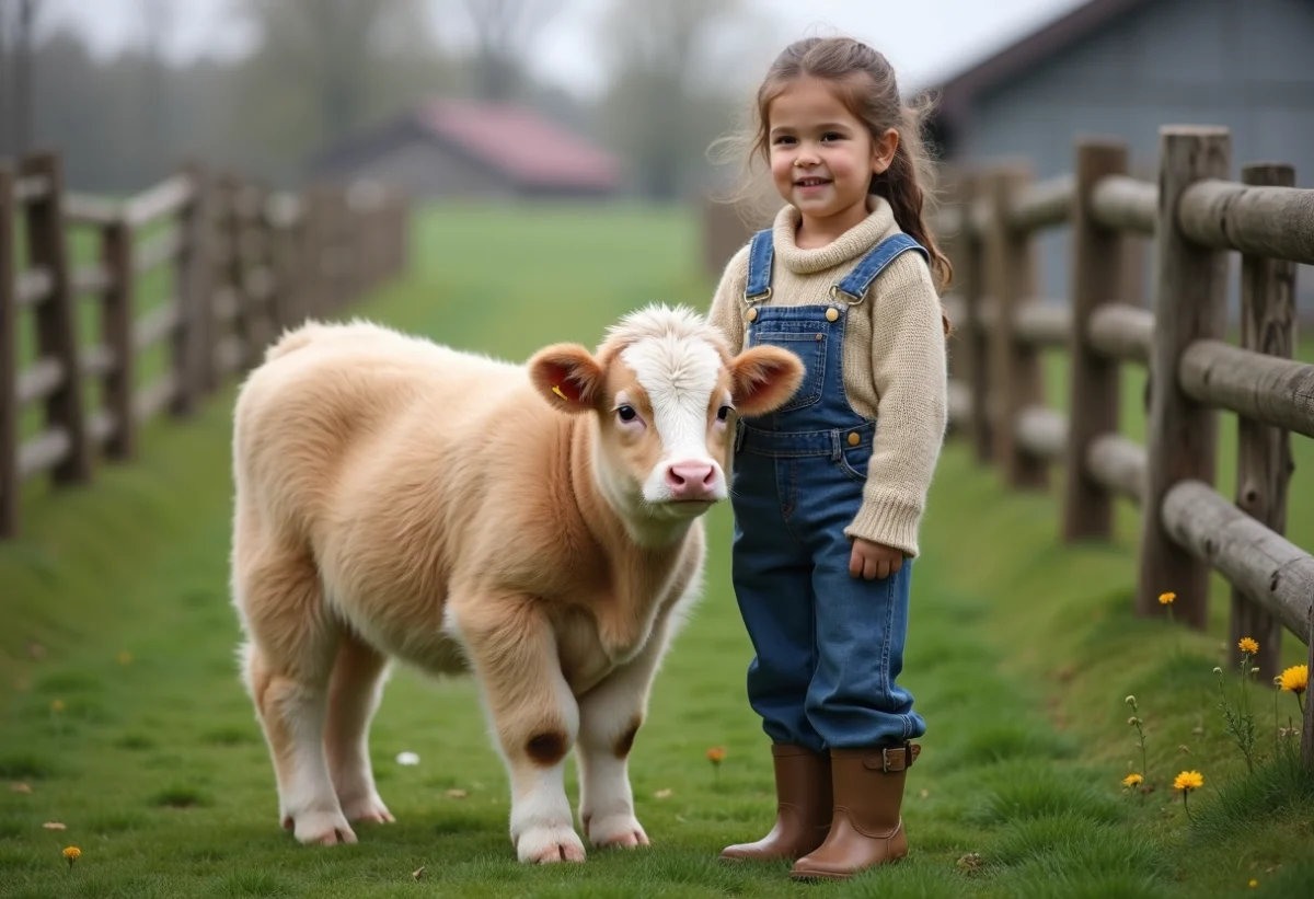 Petite vache miniature avec une jeune fille en extérieur