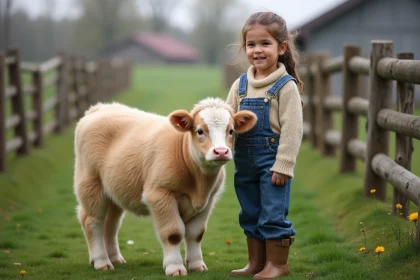 Petite vache miniature avec une jeune fille en extérieur