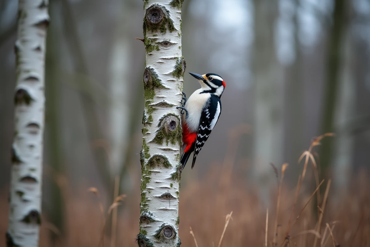 Pic épeiche agrippé à un tronc de bouleau en forêt mixte européenne, plumage noir blanc et rouge distinctif