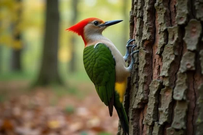 Pic vert posé sur l'écorce d'un chêne en forêt tempérée, plumage vert émeraude et calotte rouge bien visibles