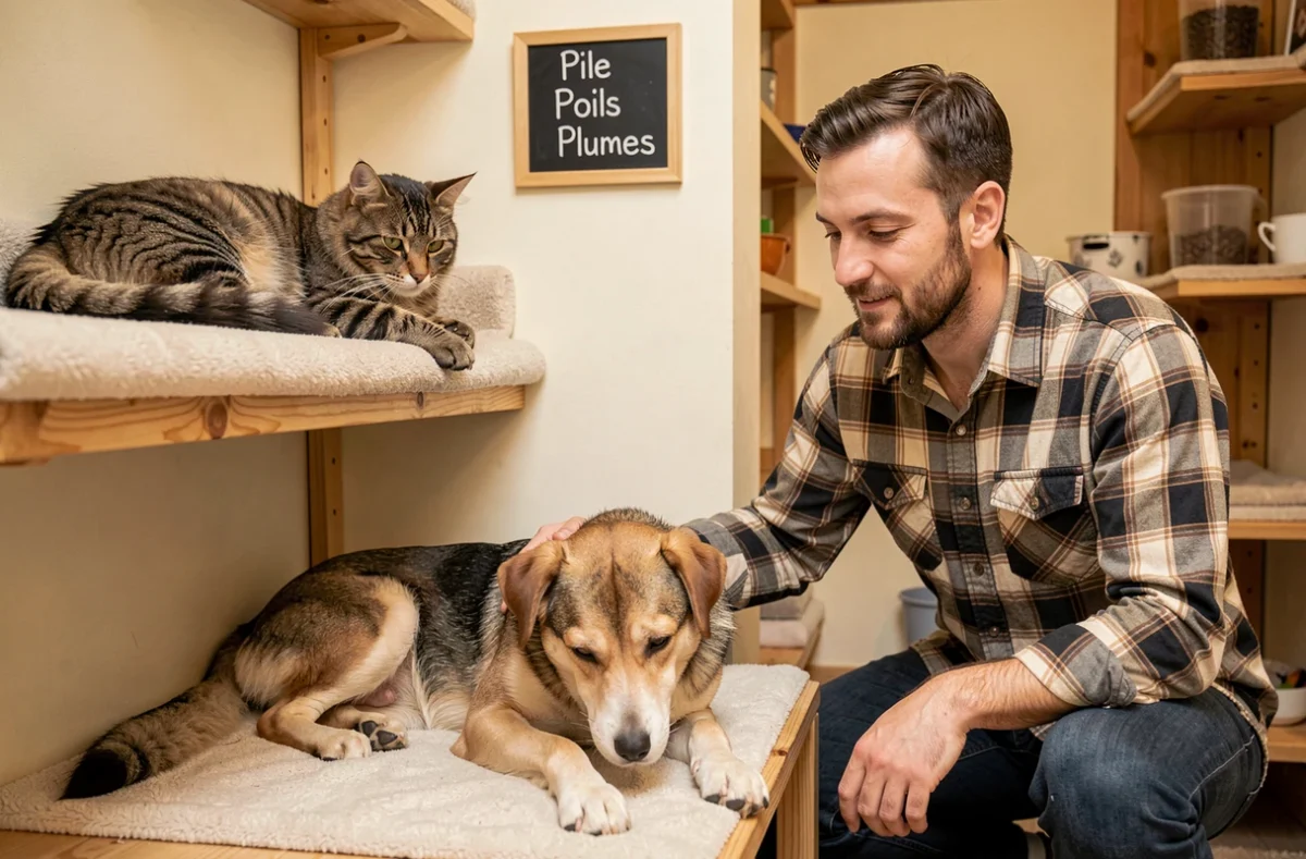 Chien et chat au repos dans la pension Pile Poils Plumes à Bretteville-sur-Odon avec un soignant bienveillant