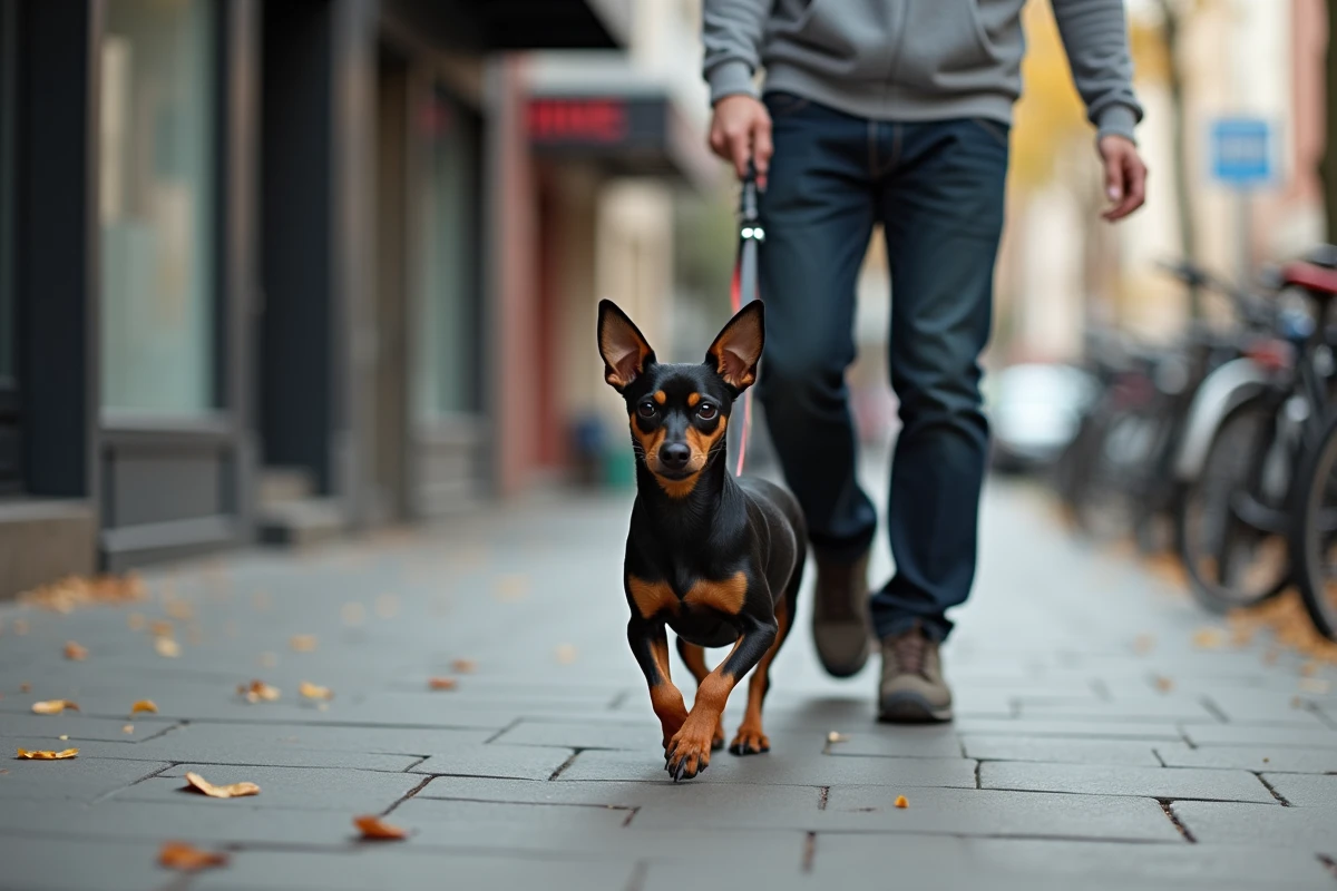 Homme promenant un petit pinscher nain à poil court en laisse dans une rue de ville en automne