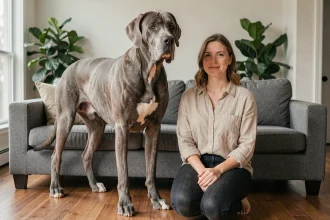 Un énorme dogue allemand debout à côté d'une femme dans un appartement moderne, illustrant la taille impressionnante de la plus grande race de chien du monde