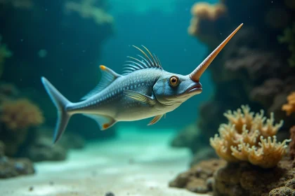 Poisson licorne en aquarium tropical, exemple d'animal en U pour quiz de biologie marine