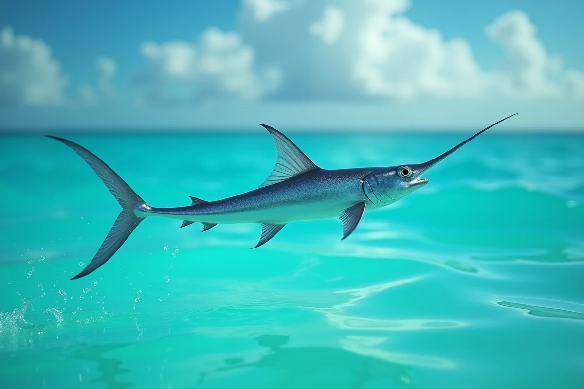 Poisson volant bondissant hors de la mer tropicale, nageoires pectorales déployées comme des ailes translucides au-dessus de l'eau turquoise