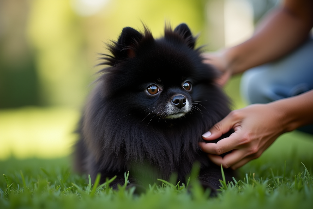 Pomeranian noir en toilettage dans un jardin en plein air
