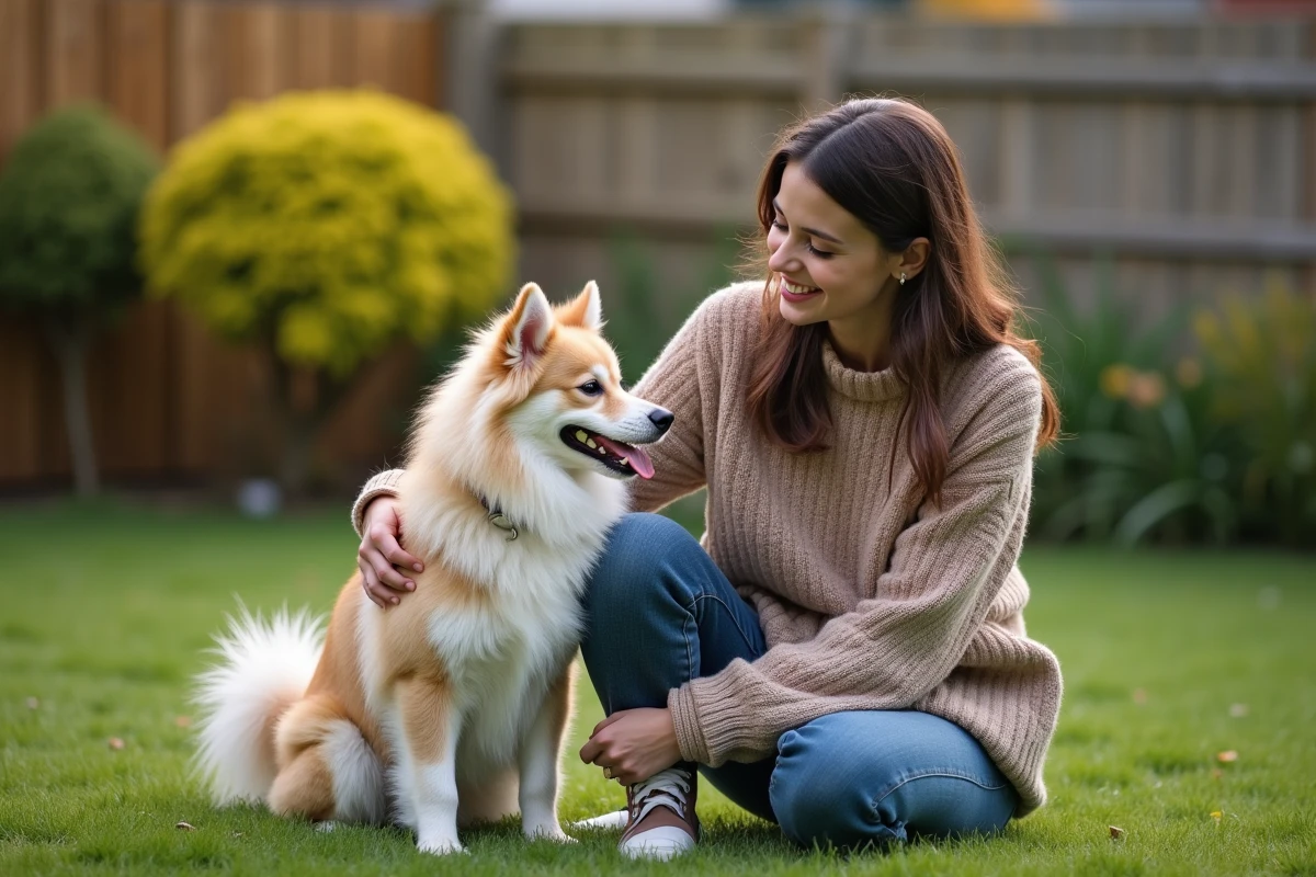 Pomsky assis avec une femme dans un jardin paisible
