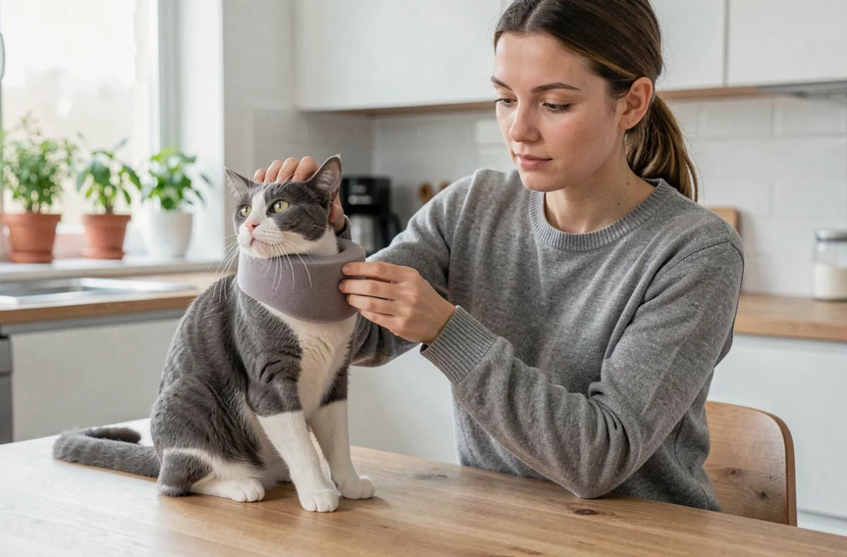 Femme qui ajuste une collerette souple sur un chat gris dans une cuisine moderne