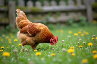 Poule pondeuse Rhode Island Red en liberté dans un pré fleuri, illustrant la vie naturelle et l'épanouissement d'une poule heureuse en plein air