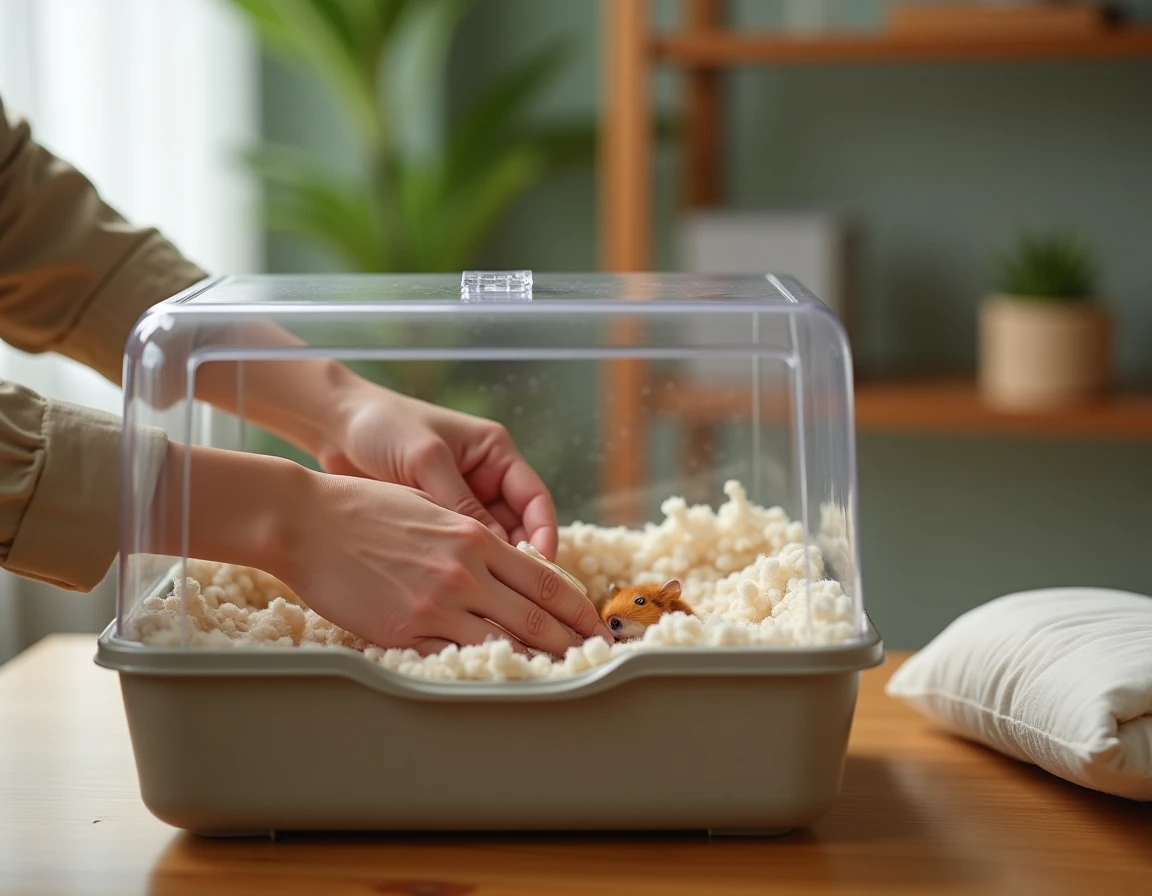 Mains d'une femme préparant la litière et la zone de nidification d'une cage de hamster avant la mise bas