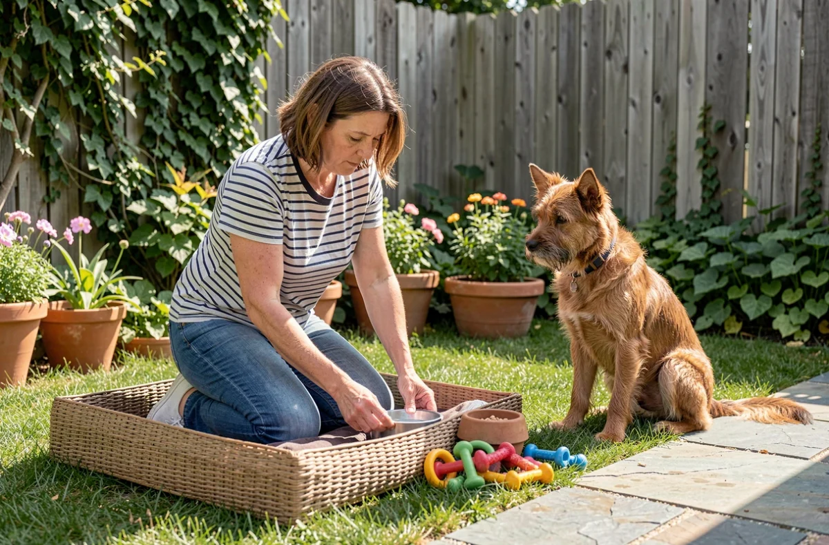 Femme préparant un espace d'accueil pour son chien dans le jardin avec panier, gamelles et jouets