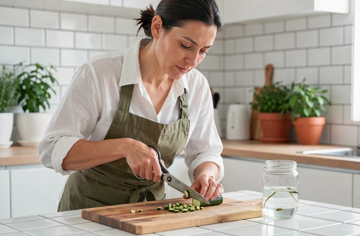 Femme préparant de la courgette bouillie en petits morceaux pour nourrir un têtard dans un bocal en verre sur un comptoir de cuisine